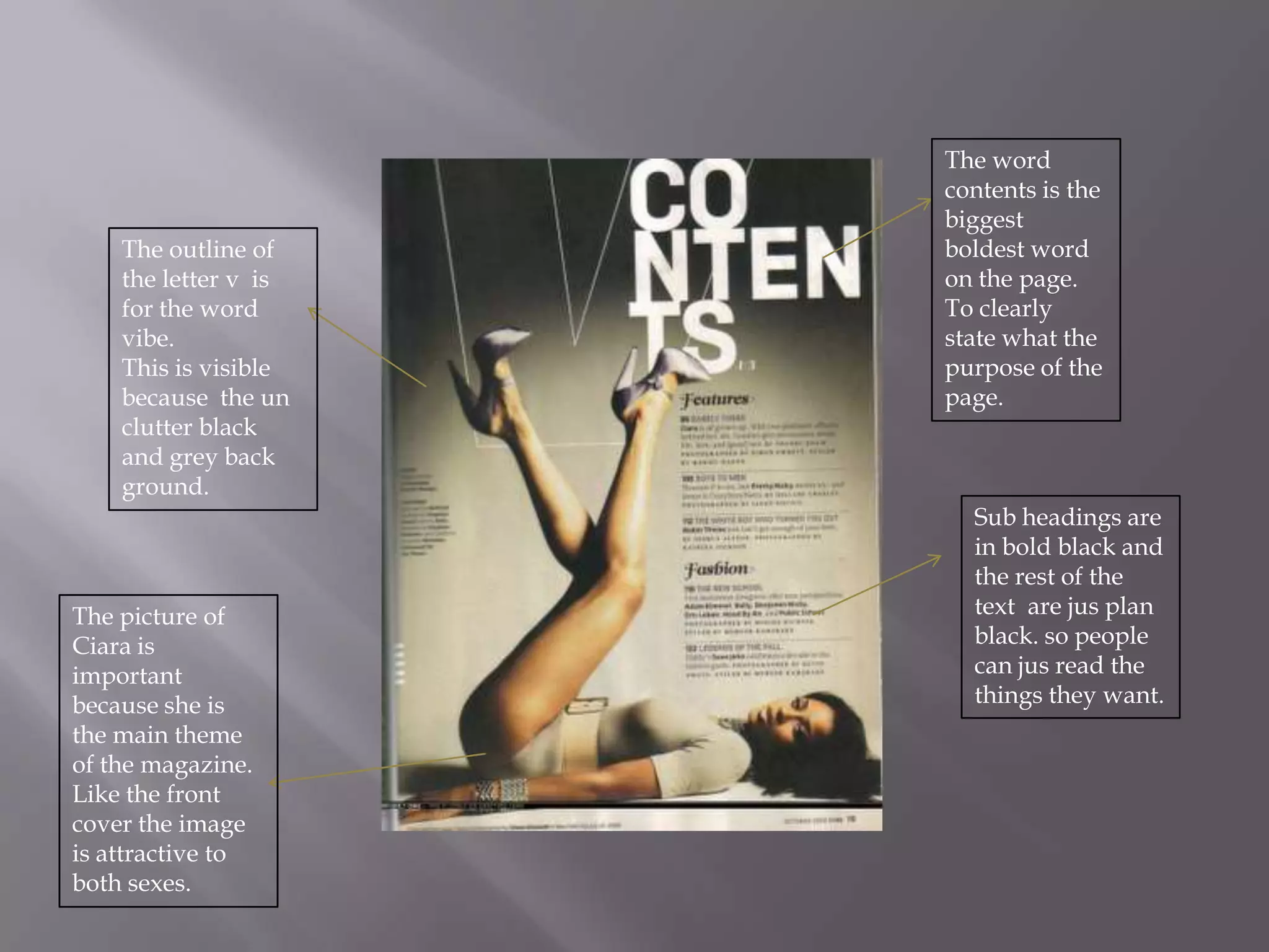 The word contents is the biggest boldest word on the page. To clearly state what the purpose of the page.The outline of the letter v  is for the word vibe.This is visible because  the un clutter black and grey back ground.Sub headings are in bold black and the rest of the text  are jus plan black. so people can jus read the things they want.The picture of Ciara is important because she is the main theme of the magazine. Like the front cover the image is attractive to both sexes.