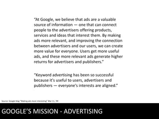 “At Google, we believe that ads are a valuable
                                  source of information — one that can connect
                                  people to the advertisers offering products,
                                  services and ideas that interest them. By making
                                  ads more relevant, and improving the connection
                                  between advertisers and our users, we can create
                                  more value for everyone. Users get more useful
                                  ads, and these more relevant ads generate higher
                                  returns for advertisers and publishers.”

                                  “Keyword advertising has been so successful
                                  because it's useful to users, advertisers and
                                  publishers — everyone's interests are aligned.”


Source: Google blog “Making ads more interesting” Mar 11, ‘09




GOOGLE’S MISSION - ADVERTISING
 