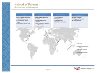 Network of Partners
An extended global network


              Banking                  Asset Management              Advisory Services         Fiduciary Services

  • 4 US Financial Institutions   • New College Capital Ltd    • MSM Coba Asset          • 2 Swiss Providers
  • 4 Swiss Private Banks          (London)                    • Management              • 2 Singapore Providers
  • 1 Singaporean Private         • Global View Inv. S.A.      • MSM Galion Sarl         • 1 Dubai Provider
  • Bank                           (Geneva)                    • MSM BellHouse Capital
  • 1 Hong Kong Private Bank      • MSM Investment Advisors
                                  • S.A. (Geneva)




                                                     Page 11
 