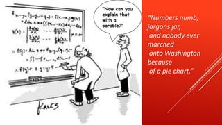 "Now can you
explain that
with a         “Numbers numb,
parable?"      jargons jar,
                and nobody ever
               marched
                onto Washington
               because
                of a pie chart.”
 