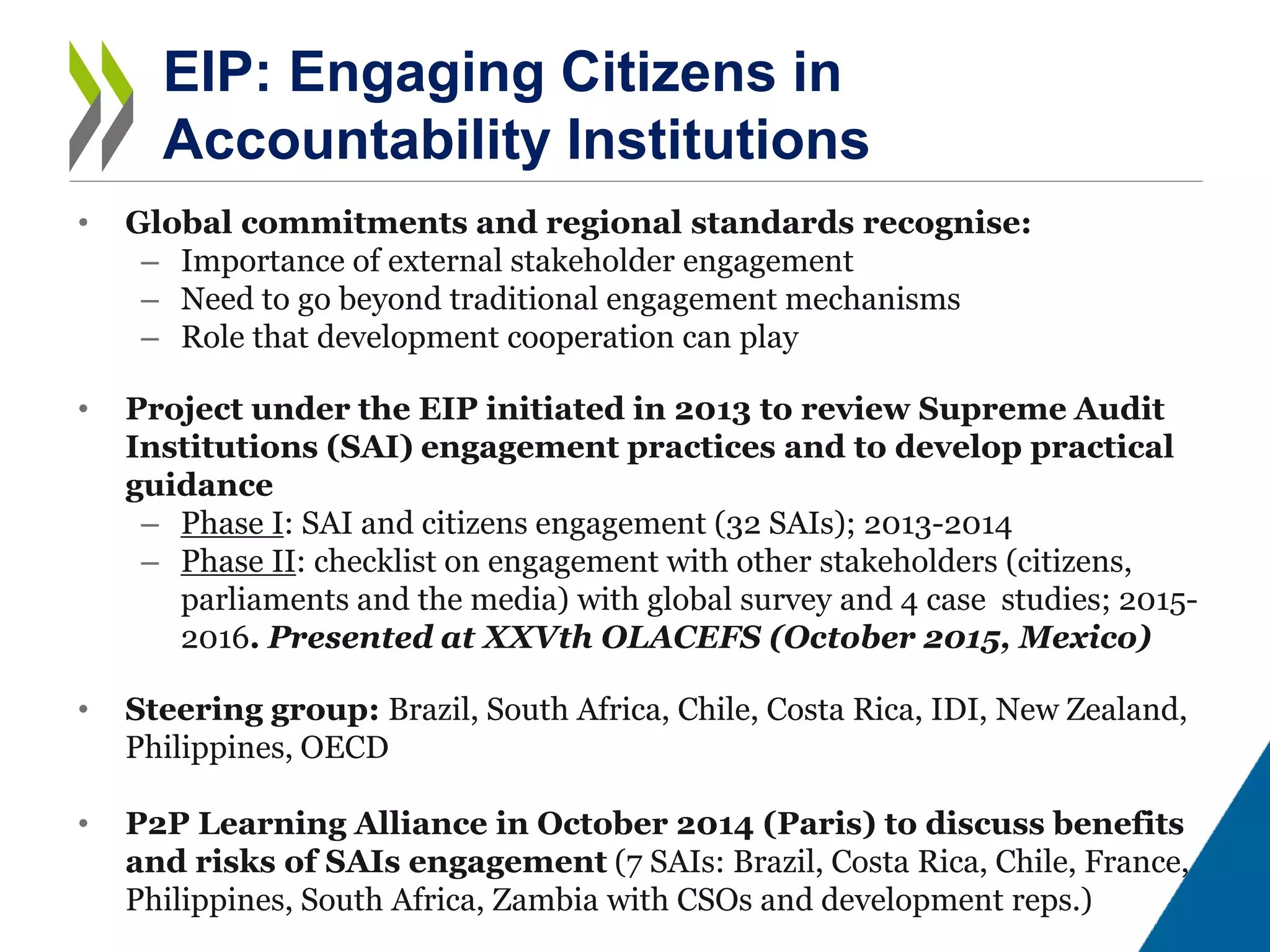 EIP: Engaging Citizens in
Accountability Institutions
• Global commitments and regional standards recognise:
– Importance of external stakeholder engagement
– Need to go beyond traditional engagement mechanisms
– Role that development cooperation can play
• Project under the EIP initiated in 2013 to review Supreme Audit
Institutions (SAI) engagement practices and to develop practical
guidance
– Phase I: SAI and citizens engagement (32 SAIs); 2013-2014
– Phase II: checklist on engagement with other stakeholders (citizens,
parliaments and the media) with global survey and 4 case studies; 2015-
2016. Presented at XXVth OLACEFS (October 2015, Mexico)
• Steering group: Brazil, South Africa, Chile, Costa Rica, IDI, New Zealand,
Philippines, OECD
• P2P Learning Alliance in October 2014 (Paris) to discuss benefits
and risks of SAIs engagement (7 SAIs: Brazil, Costa Rica, Chile, France,
Philippines, South Africa, Zambia with CSOs and development reps.)
 
