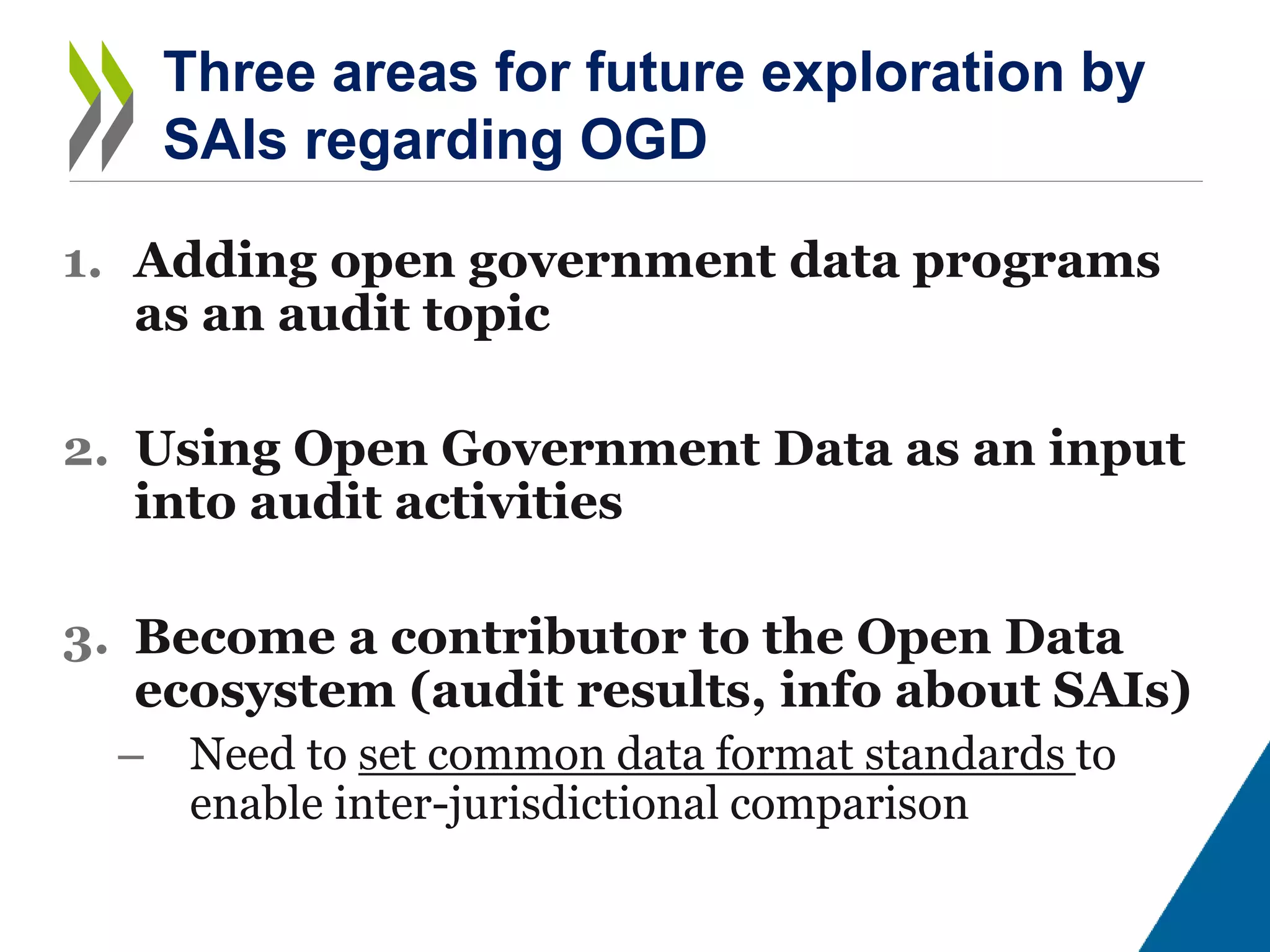 1. Adding open government data programs
as an audit topic
2. Using Open Government Data as an input
into audit activities
3. Become a contributor to the Open Data
ecosystem (audit results, info about SAIs)
– Need to set common data format standards to
enable inter-jurisdictional comparison
Three areas for future exploration by
SAIs regarding OGD
 