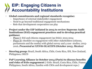 EIP: Engaging Citizens in
Accountability Institutions
• Global commitments and regional standards recognise:
– Importance ...