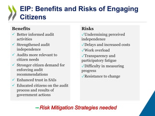 EIP: Benefits and Risks of Engaging
Citizens
Benefits
 Better informed audit
activities
 Strengthened audit
independence...
