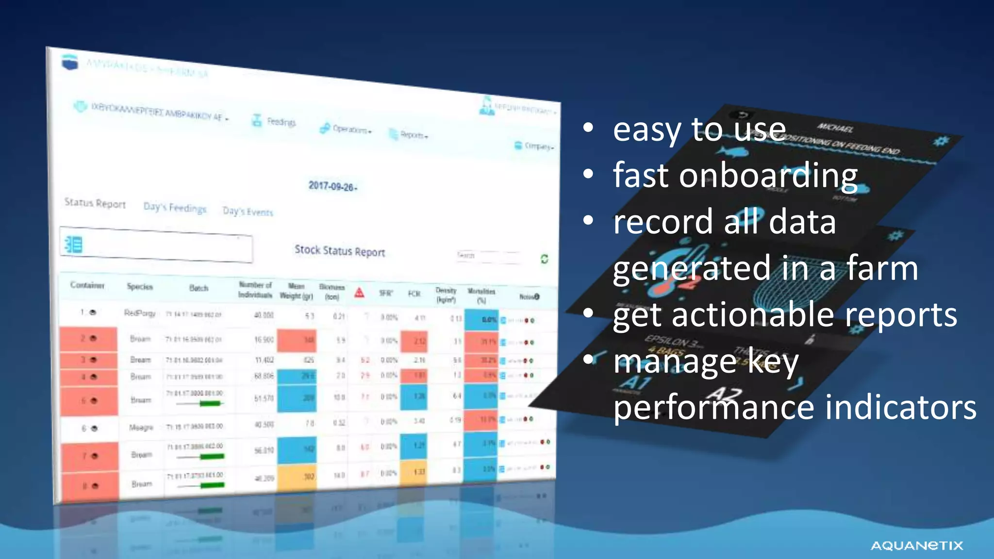 • easy to use
• fast onboarding
• record all data
generated in a farm
• get actionable reports
• manage key
performance indicators
 