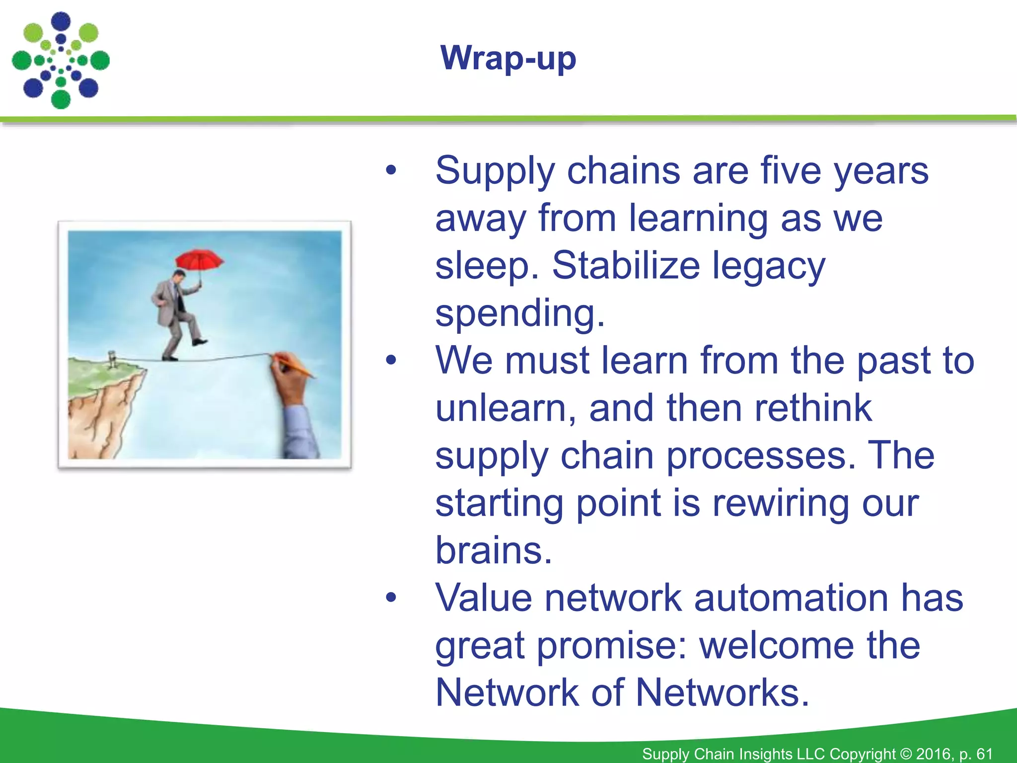 Supply Chain Insights LLC Copyright © 2016, p. 61
Wrap-up
• Supply chains are five years
away from learning as we
sleep. Stabilize legacy
spending.
• We must learn from the past to
unlearn, and then rethink
supply chain processes. The
starting point is rewiring our
brains.
• Value network automation has
great promise: welcome the
Network of Networks.
 