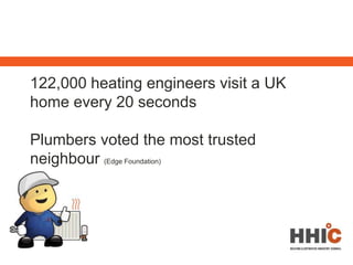 122,000 heating engineers visit a UK
home every 20 seconds
Plumbers voted the most trusted
neighbour (Edge Foundation)
 
