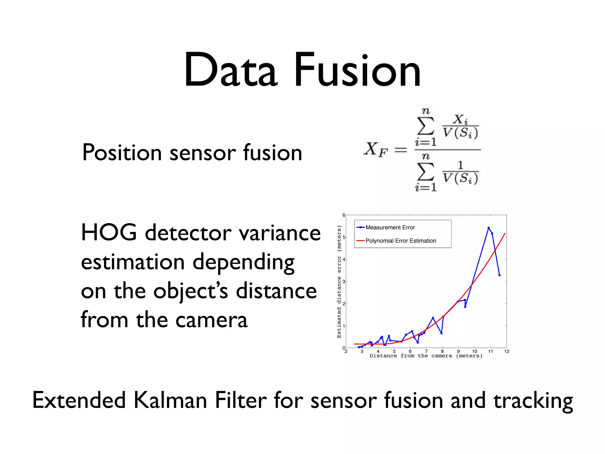 Data Fusion
    Position sensor fusion

                                                                   6



    HOG detector variance



                               Estimated distance error (meters)
                                                                            Measurement Error
                                                                   5
                                                                            Polynomial Error Estimation



    estimation depending                                           4




    on the object’s distance
                                                                   3



                                                                   2



    from the camera                                                1



                                                                   0
                                                                    2   3       4     5     6     7       8   9   10   11   12
                                                                             Distance from the camera (meters)




Extended Kalman Filter for sensor fusion and tracking
 