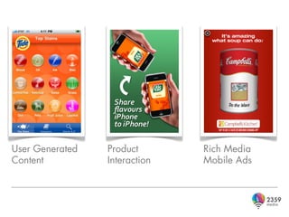 User Generated   Product       Rich Media
Content          Interaction   Mobile Ads
 