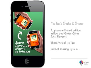 Tic Tac’s Shake & Share

To promote limited edition
Yellow and Green Citrus
Twist Flavours

Share Virtual Tic Tacs

Global Ranking System
 