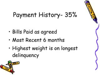 Payment History- 35% Bills Paid as agreed Most Recent 6 months Highest weight is on longest delinquency 