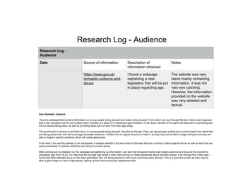 Research Log - Audience
Gov domestic violence
I found a webpage that contains information on young people being abused and males being abused. From what I can see through the text I have read it appears
that a new procedure will be put in place which consists of a panel of 5 individuals aged between 16-22. Each member of the panel will take part in preventing any
form of abuse taking place, as well as providing there point of view from their age range.
The government is aiming to set there focus on young people being abused, they feel as though if they can get younger audiences to come forward and admit they
are facing abuse then this will encourage a broader audience. I believe this is a good direction to head in as they may not be able to target everyone but they are
able to target a specific audience which will create awareness.
From what I can see the website is not necessarily a helpline website it focuses more on the laws that are currently in place against abuse as well as laws that are
being considered, it explains what they are doing to prevent abuse.
After carrying out my research on this webpage and gathering up information I can see that the governments main target audience and focus at the moment is
individuals age from 16-22, it is clear that the younger age range is their main priority to create awareness about domestic abuse. Even though this is the case I
found that other websites focus on the older generation who are being abused or who have previously been abused. This is a good focus area as they may be
able to give insight on how to fight abuse, seeing as they have previously experienced this.
 