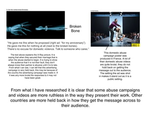 “He gave me this when he proposed (right ad: “for my anniversary”).
He gave me this for nothing at all (next to the broken bones).
There’s no excuse for domestic violence. Talk to someone who cares.”
The text above explains the X-Ray picture. It is
saying that when they secured their marriage that is
when the abuse started to begin. It is trying to show
the audience that it is not their fault, they don't
always know their partner is abusive until it is to late.
From what I can see, I can tell that this advertising
campaign is very held back, this may be because of
the country the advertising campaign was made in. If
it was any more brutal the responses to it may not
have been great.
Broken
Bone
This domestic abuse
campaign poster was
produced in France. A lot of
their domestic abuse videos
are quite brutal, they do not
hold back on getting the
message out to the audience.
The setting the ad was shot
in makes it stand out as it is a
public setting.
From what I have researched it is clear that some abuse campaigns
and videos are more ruthless in the way they present their work. Other
countries are more held back in how they get the message across to
their audience.
 