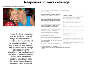 Responses to news coverage
I researched into newspaper
articles that have covered
story’s of forms of abuse. I
found one that received a lot
of negative feedback in the
way in which it was handled.
The audience feel as though
police are not doing
everything they can to prevent
domestic violence from taking
place. Since all of these
incidents have taken place
the awareness of domestic
abuse has been increased.
 