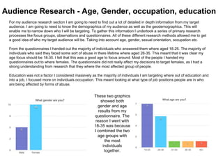 For my audience research section I am going to need to find out a lot of detailed in depth information from my target
audience. I am going to need to know the demographics of my audience as well as the geodemographics. This will
enable me to narrow down who I will be targeting. To gather this information I undertook a series of primary research
processes like focus groups, observations and questionnaires. All of these different research methods allowed me to get
a good idea of who my target audience will be. Taking into account age, gender, sexual orientation, occupation etc.
From the questionnaires I handed out the majority of individuals who answered them where aged 18-25. The majority of
individuals who said they faced some sort of abuse in there lifetime where aged 26-35. This meant that it was clear my
age focus should be 18-35. I felt that this was a good age to focus around. Most of the people I handed my
questionnaires out to where females. The questionnaire did not really affect my decisions to target females, as I had a
strong understanding from research that they where the most affected group of people.
Education was not a factor I considered massively as the majority of individuals I am targeting where out of education and
into a job, I focused more on individuals occupation. This meant looking at what type of job positions people are in who
are being affected by forms of abuse.
Audience Research - Age, Gender, occupation, education
These two graphics
showed both
gender and age
results from my
questionnaire. The
reason I went with
18-35 was because
I combined the two
age groups with
the most
individuals
together.
 