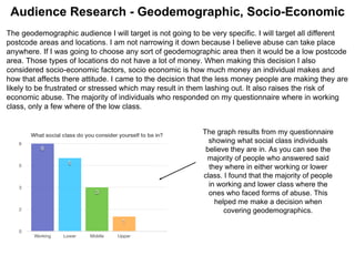 The geodemographic audience I will target is not going to be very specific. I will target all different
postcode areas and locations. I am not narrowing it down because I believe abuse can take place
anywhere. If I was going to choose any sort of geodemographic area then it would be a low postcode
area. Those types of locations do not have a lot of money. When making this decision I also
considered socio-economic factors, socio economic is how much money an individual makes and
how that affects there attitude. I came to the decision that the less money people are making they are
likely to be frustrated or stressed which may result in them lashing out. It also raises the risk of
economic abuse. The majority of individuals who responded on my questionnaire where in working
class, only a few where of the low class.
Audience Research - Geodemographic, Socio-Economic
The graph results from my questionnaire
showing what social class individuals
believe they are in. As you can see the
majority of people who answered said
they where in either working or lower
class. I found that the majority of people
in working and lower class where the
ones who faced forms of abuse. This
helped me make a decision when
covering geodemographics.
 