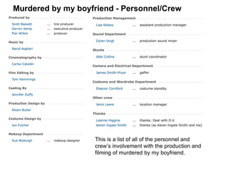 Murdered by my boyfriend - Personnel/Crew
This is a list of all of the personnel and
crew’s involvement with the production and
filming of murdered by my boyfriend.
 