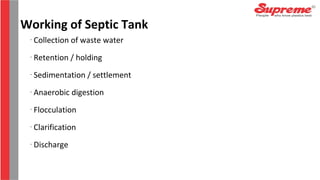 -
Collection of waste water
-
Retention / holding
-
Sedimentation / settlement
-
Anaerobic digestion
-
Flocculation
-
Clarification
-
Discharge
Working of Septic Tank
 