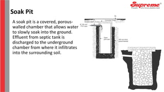A soak pit is a covered, porous-
walled chamber that allows water
to slowly soak into the ground.
Effluent from septic tank is
discharged to the underground
chamber from where it infiltrates
into the surrounding soil.
Soak Pit
 