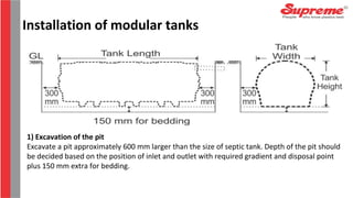 Installation of modular tanks
1) Excavation of the pit
Excavate a pit approximately 600 mm larger than the size of septic tank. Depth of the pit should
be decided based on the position of inlet and outlet with required gradient and disposal point
plus 150 mm extra for bedding.
 