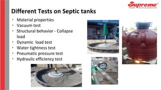 Different Tests on Septic tanks
•
Material properties
•
Vacuum test
•
Structural behavior - Collapse
load
•
Dynamic load test
•
Water tightness test
•
Pneumatic pressure test
•
Hydraulic efficiency test
 