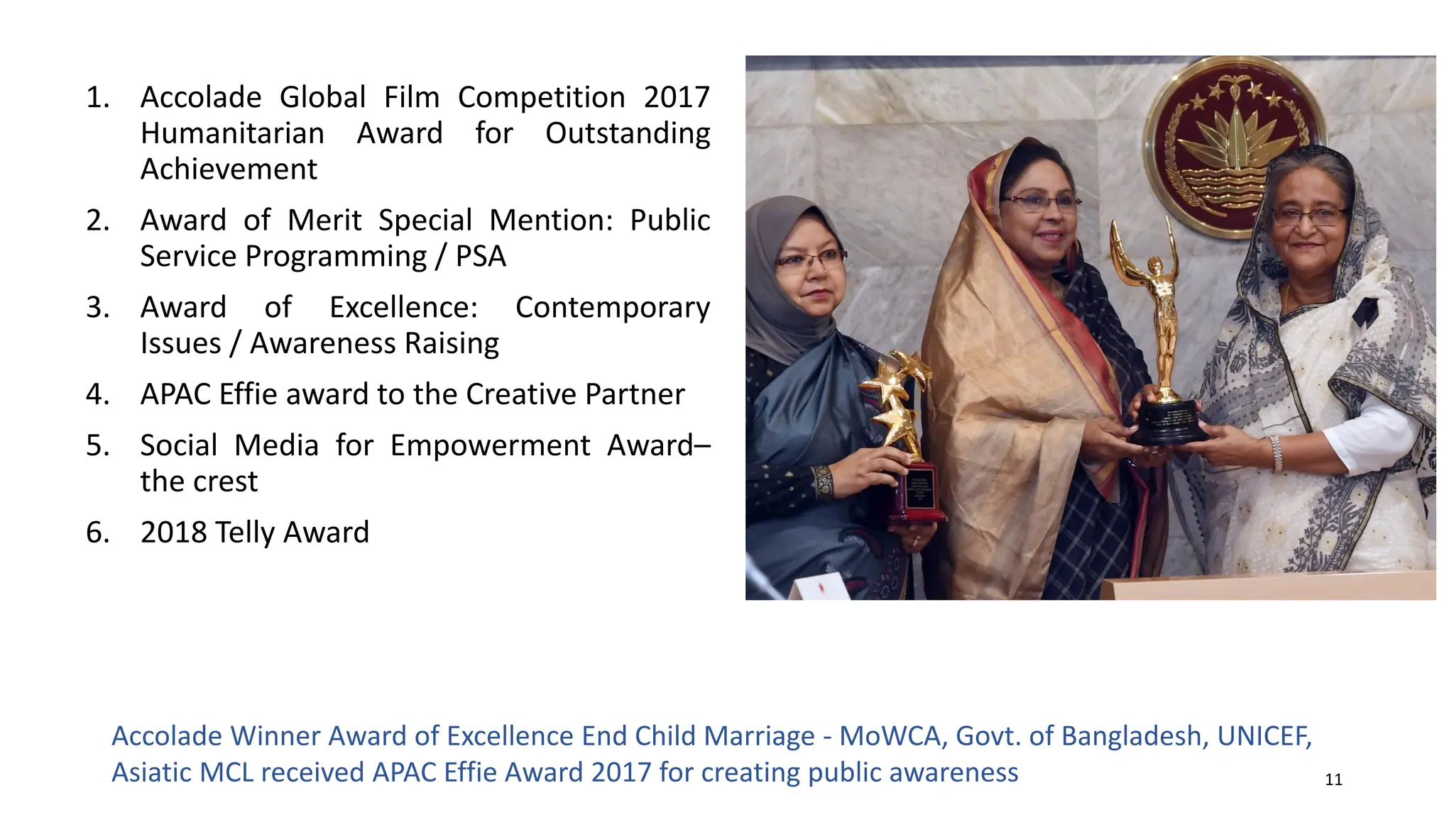 1. Accolade Global Film Competition 2017
Humanitarian Award for Outstanding
Achievement
2. Award of Merit Special Mention: Public
Service Programming / PSA
3. Award of Excellence: Contemporary
Issues / Awareness Raising
4. APAC Effie award to the Creative Partner
5. Social Media for Empowerment Award–
the crest
6. 2018 Telly Award
Accolade Winner Award of Excellence End Child Marriage - MoWCA, Govt. of Bangladesh, UNICEF,
Asiatic MCL received APAC Effie Award 2017 for creating public awareness 11
 