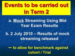 Events to be carried out in Term 2 a.  Mock  Streaming Using Mid Year Exam Results b. 2 July 2010 – Results of mock streaming released --  to allow for benchmark against cohort / Trial 