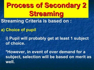 Process of Secondary 2 Streaming Streaming Criteria is based on : a) Choice of pupil  i) Pupil will probably get at least 1 subject  of choice. *However, in event of over demand for a subject, selection will be based on merit as well. 