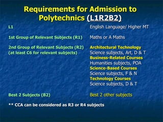 Requirements for Admission to Polytechnics  (L1R2B2) L1 English Language/ Higher MT 1st Group of Relevant Subjects (R1)   Maths or A Maths 2nd Group of Relevant Subjects (R2) Architectural Technology (at least C6 for relevant subjects) Science subjects, Art, D & T Business-Related Courses Humanities subjects, POA Science-Based Courses Science subjects, F & N Technology Courses Science subjects, D & T Best 2 Subjects (B2) Best 2 other subjects ** CCA can be considered as R3 or R4 subjects 