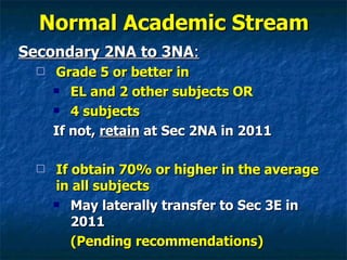 Normal Academic Stream Secondary 2NA to 3NA : Grade 5 or better in EL and 2 other subjects OR 4 subjects If not,  retain  at Sec 2NA in 2011 If obtain 70% or higher in the average in all subjects May laterally transfer to Sec 3E in 2011 (Pending recommendations) 