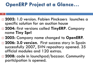 OpenERP Project at a Glance…
23


 2002: 1.0 version. Fabien Pinckaers launches a
  specific solution for an auction house
 2004: first versions called TinyERP. Company
  name Tiny Sprl
 2005: Company name changed to OpenERP.
 2006: 3.0 version. First success story in Spain
  successfully 2007, SVN repository opened. 35
  official modules and 120 extras.
 2008: code in launchpad/bazaar. Community
  participation is opened.
 