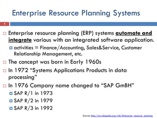 Enterprise Resource Planning Systems
4


   Enterprise resource planning (ERP) systems automate and
    integrate various with an integrated software application.
     activities
               = Finance/Accounting, Sales&Service, Customer
      Relationship Management, etc.
   The concept was born in Early 1960s
   In 1972 “Systems Applications Products in data
    processing”
   In 1976 Company name changed to “SAP GmBH”
     SAP R/1 in 1973
     SAP R/2 in 1979
     SAP R/3 in 1992
                                   Source: http://en.wikipedia.org/wiki/Enterprise_resource_planning
 