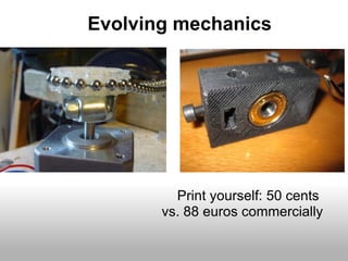 Evolving mechanics




         Print yourself: 50 cents
       vs. 88 euros commercially
 