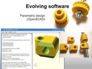 Evolving software
Parametric design
    (OpenSCAD)
 