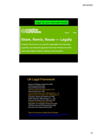 10/19/2012




             Legal to use licensed media




UK Legal Framework
Racial and Religious Hatred Act 2006
Criminal Justice Act 2003
Sexual Offences Act 2003
Communications Act 2003 (section 127)
Data Protection Act 1998
The Computer Misuse Act 1990 (sections 1 - 3)
Malicious Communications Act 1988 (section 1)
Copyright, Design and Patents Act 1988
Public Order Act 1986 (sections 17 — 29)
Obscene Publications Act 1959 and 1964
Protection from Harassment Act 1997
Regulation of Investigatory Powers Act 2000
Criminal Justice and Immigration Act 2008
Education and Inspections Act 2006


Taken from the Kent e-Safety Policy Template:
http://www.kenttrustweb.org.uk/UserFiles/CW/File/Childrens_Services/Childrens_
Safeguards_Service/esafety/e-Safety_policy_template_2012.pdf




                                                                                        12
 
