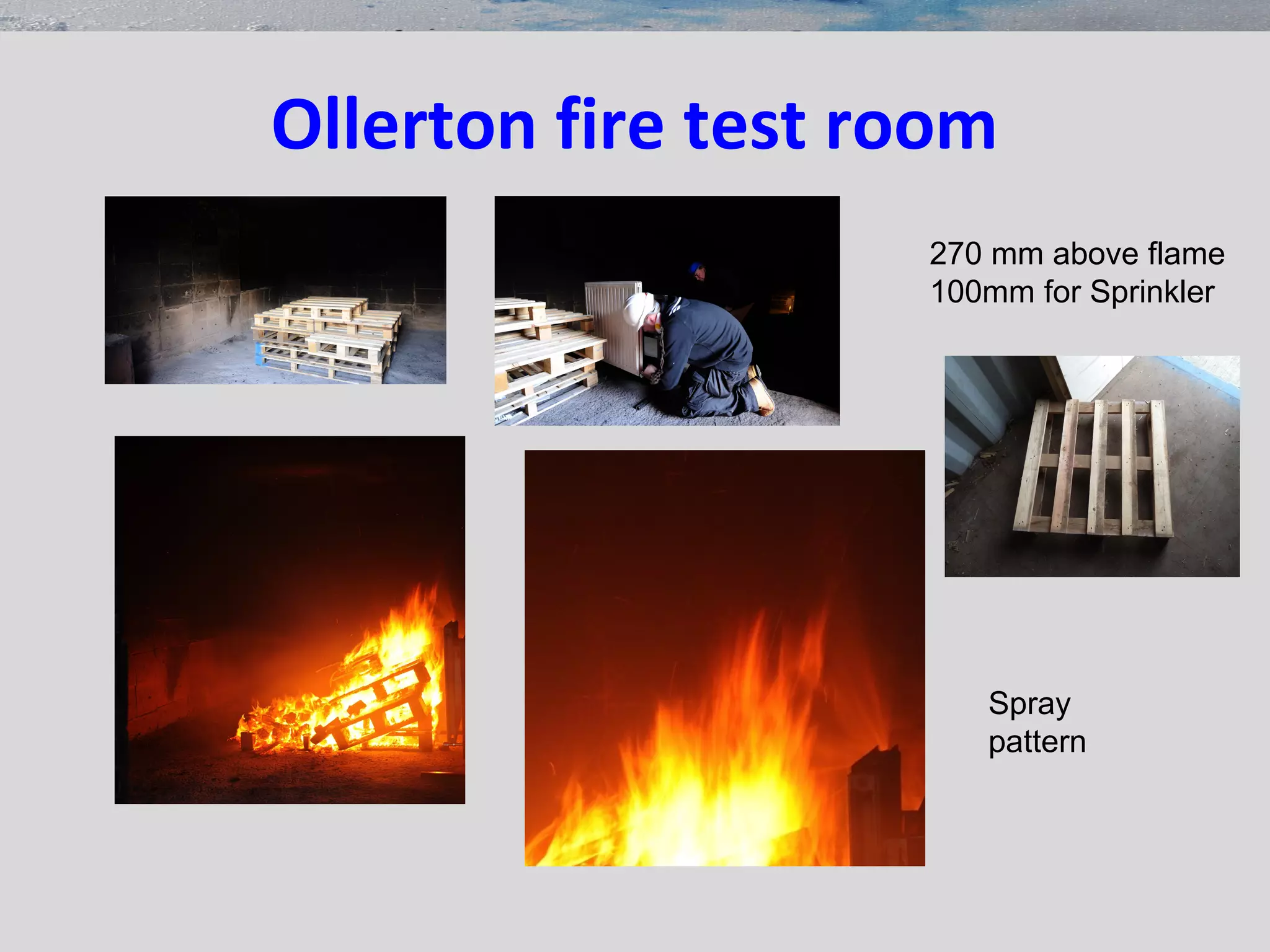 Ollerton fire test room
Spray
pattern
270 mm above flame
100mm for Sprinkler
 