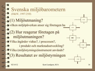 Svenska miljöbarometern   (D&W, 1997:25ff ) (1) Miljöutmaning? vilken miljöpåverkan anser sig företagen ha (2) Hur reagerar företagen på  miljöutmaningen?  Vilka åtgärder vidtas?, i processen?,  i produkt och marknadsutveckling? Vilka (miljöstyrnings)instrument används? (3) Resultatet av miljöstyrningen 
