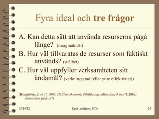 Fyra ideal och  tre frågor A. Kan detta sätt att använda resurserna pågå  länge?  (marginalmått) B. Hur väl tillvaratas de resurser som faktiskt  används?  (snålhet) C. Hur väl uppfyller verksamheten sitt ändamål?  (verkningsgrad (eller yttre effektivitet)) (Bergström, S.  et al , 1996,  Hållbar ekonomi , Utbildningsradion, kap 3 om ”Hållbar ekonomisk praktik”) 