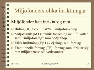 Miljöfonders olika inriktningar Miljöfonder kan inrikta sig mot: Bidrag (B): t e x till WWF, miljöforskning.… Miljöteknik (MT): teknik för rening av luft, vatten samt ”miljöföretag” som body shop Etisk inriktning (E): t ex ej skog- o bilföretag. Traditionella företag (TF): företag som inriktar sig mot miljöanpassa sin verksamhet. 