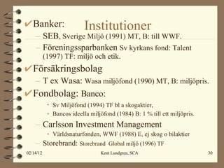 Institutioner  Banker:  SEB , Sverige Miljö (1991) MT, B: till WWF. Föreningssparbanken  Sv kyrkans fond: Talent (1997) TF: miljö och etik. Försäkringsbolag T ex Wasa:  Wasa miljöfond (1990) MT, B: miljöpris. Fondbolag:  Banco: Sv Miljöfond (1994) TF bl a skogaktier,   Bancos ideella miljöfond (1984) B: 1 % till ett miljöpris. Carlsson Investment Management Världsnaturfonden, WWF (1988) E, ej skog o bilaktier Storebrand:  Storebrand  Global miljö (1996) TF 