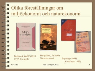 Olika föreställningar om miljöekonomi och naturekonomi  Koskinen (1999) Brytting (1998) Dobers & Wolff (1995, 1997: 2:a uppl) Bergström, S (1994) Naturekonomi 