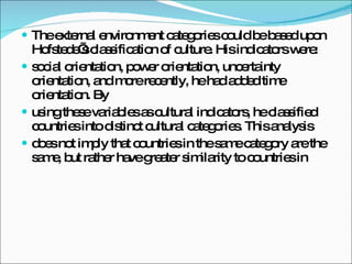 The external environment categories could be based upon Hofstede’s classification of culture. His indicators were: social orientation, power orientation, uncertainty orientation, and more recently, he had added time orientation. By using these variables as cultural indicators, he classified countries into distinct cultural categories. This analysis does not imply that countries in the same category are the same, but rather have greater similarity to countries in 