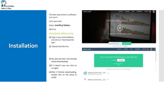 Make it Real
Installation
The best way to learn a software
is to use it.
Let’s start with:
Step1: InstallingTableau
 Go to
https://public.tableau.com/s/,
 Type in your email address
and click on “download the
app”
 Should look like this:
 You will see that it has already
stared downloading.
 If it doesn’t you can click on
try again.
 After it finishes downloading,
double click on the setup to
install.
 