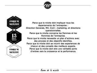 Parce que la mixité doit impliquer tous les
départements de l'entreprise :
Direction Générale, RH, Com', marketing, et directions
opérationnelles.
Parce que la mixité concerne les Femmes et les
Hommes de l'entreprise.
Parce que la mixité nécessite un plan d'actions avec
des process et des objectifs identifiés.
Parce que la mixité doit se nourrir des expériences de
chacun et des conseils des meilleurs experts.
Parce que la mixité doit être une véritable porte
d'entrée vers la croissance et la performance.

NOUS AVONS CREE /
LE FORUM DE LA MIXITE

Forum de la mixité

 