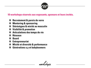 10 workshops réservés aux exposants, sponsors et leurs invités.

Recrutement & parois de verre
Mentoring & sponsoring
Stéréotypes & mixité au masculin
Visibilité & promotion
Articulations des temps de vie
Réseaux
Board
Entrepreneuriat
Mixité et diversité & performance
Générations x,y et babyboomers

workshops

 