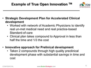 Example of True Open Innovation TM

• Strategic Development Plan for Accelerated Clinical
development
• Worked with network of Academic Physicians to identify
real un-met medical need and real practice-based
Standard-of-care
• Clinical plan takes compound to Approval in less than
half the time and 1/3 the cost
• Innovative approach for Prelinical development
• Taken 2 compounds through high quality preclinical
development phase with substantial savings in time and
cost
CONFIDENTIAL

www.BostonStrategics.com

12

 