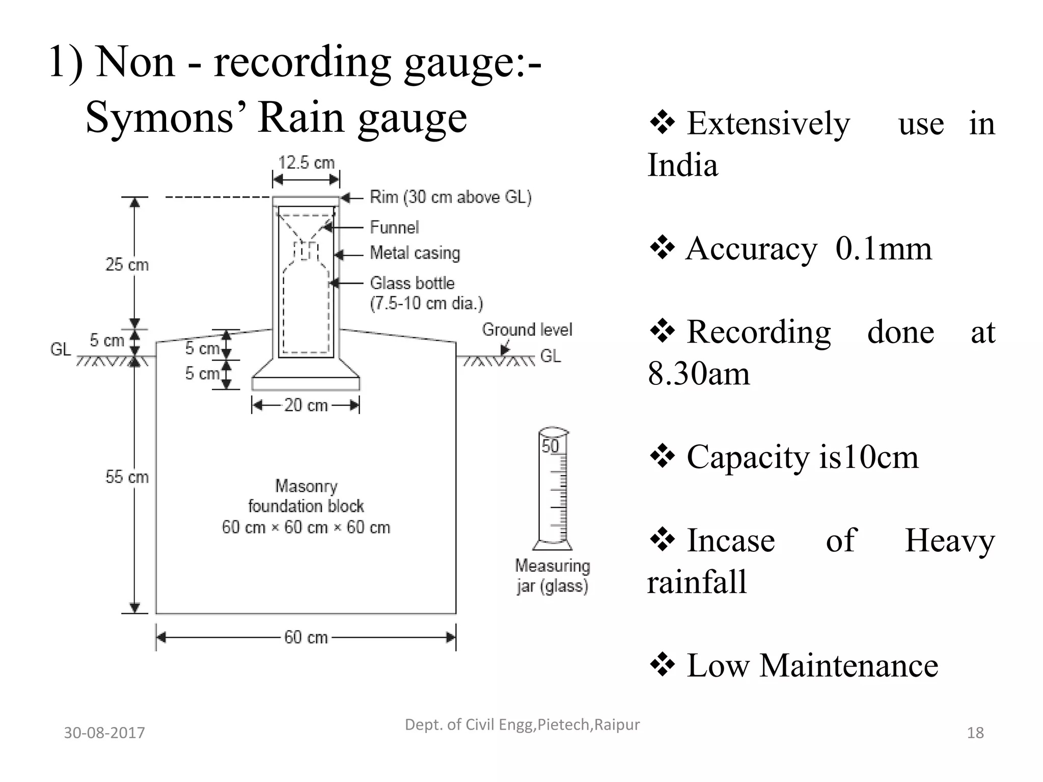 1) Non - recording gauge:-
Symons’ Rain gauge  Extensively use in
India
 Accuracy 0.1mm
 Recording done at
8.30am
 Capacity is10cm
 Incase of Heavy
rainfall
 Low Maintenance
30-08-2017 18Dept. of Civil Engg,Pietech,Raipur
 