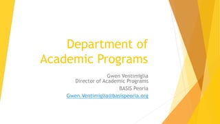 Department of
Academic Programs
Gwen Ventimiglia
Director of Academic Programs
BASIS Peoria
Gwen.Ventimiglia@basispeoria.org
 