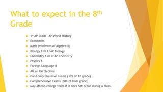 What to expect in the 8th
Grade
 1st AP Exam – AP World History
 Economics
 Math (minimum of Algebra II)
 Biology 8 or LEAP Biology
 Chemistry 8 or LEAP Chemistry
 Physics 8
 Foreign Language 8
 AM or PM Elective
 Pre-Comprehensive Exams (30% of T2 grade)
 Comprehensive Exams (50% of final grade)
 May attend college visits if it does not occur during a class.
 