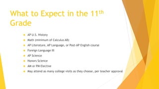 What to Expect in the 11th
Grade
 AP U.S. History
 Math (minimum of Calculus AB)
 AP Literature, AP Language, or Post-AP English course
 Foreign Language III
 AP Science
 Honors Science
 AM or PM Elective
 May attend as many college visits as they choose, per teacher approval
 